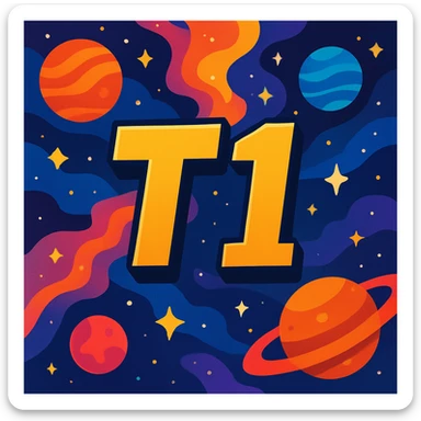 space theme with the words T1, vibrant cosmic background, stars, planets, and nebulae, text integrated into the scene sticker