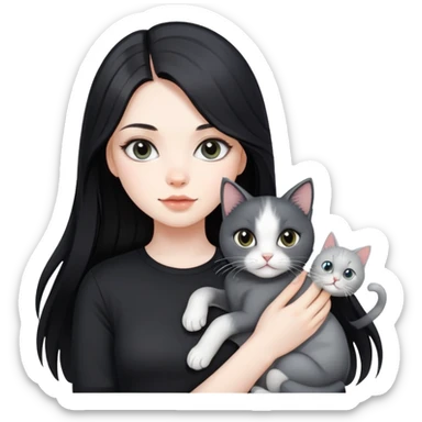 beautiful girl with long black hair wearing a black shirt holding a silver-colored cat sticker