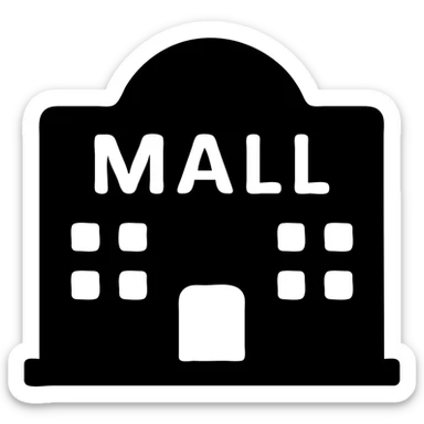minimalist silhouette of a shopping mall, solid black fill, modern style sticker