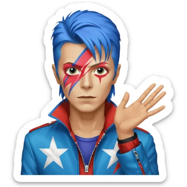A male rockstar wearing Ebay brand colours and David Bowie face paint - showing more of his torso and blue hair sticker