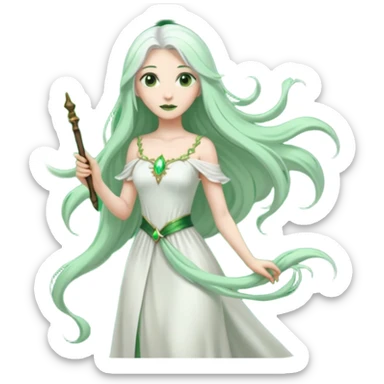 Woman with green skin color with white color long hair and carrying a magic wand sticker