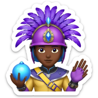 Generate an image of a night with a blue rounded feather on his helmet. He has a big night with balls as hands which have purple obsidian spikes on them. He also has a blue belt with yellow spikes on it. He also has purple glowing eyes. sticker