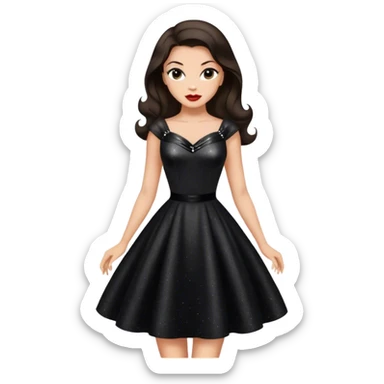 Beautiful woman in 1950’s woman fashion look, black shimmery dress, long dark brown hair, Carbonara sticker