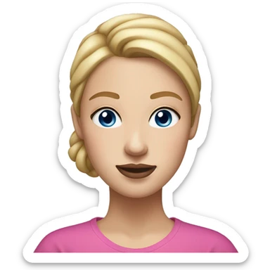 a woman with freckles, blue eyes, light skin, blonde straight hair with a bun, pink lips. black shirt. sticker
