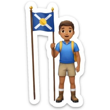 happy guy standing on top of a mountain with a little snow under his feet, holding a flag in his hand, with the mountain clearly visible under his legs sticker