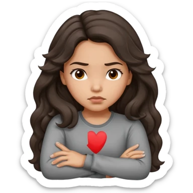 Hispanic girl with long dark brown wavy hair arms folded and  pouting. Gray long sleeve sticker