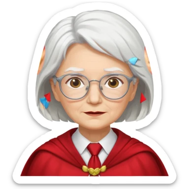 An older woman with glasses and white hair, in a red tie and cape sticker