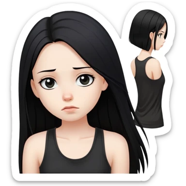 girl with long straight black hair, pale skin, dark eyes, black tank top, bored expression sticker