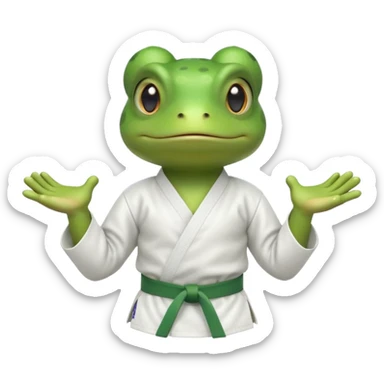 cute frog doing karate portrait, head and shoulders only, wearing white gi uniform, green belt visible, funny serious face, 3D cartoon, mobile game icon style, clean background, no text, no watermark
 sticker