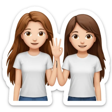 clean girl say hi to each other, she have a long brown hair a little messy and wearing white t-shirt sticker