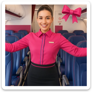 Make the Wizz Air stewardess emoji more realistic while preserving the emoji style. Match the uniform and colors from the reference image: bright pink shirt with blue trim, dark skirt, hair in a bun, friendly expression, airline cabin background. Add realism to the emoji style. sticker