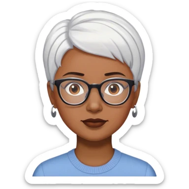 woman, short cropped white hair, brown browsglasses  sticker