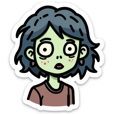 zombie girl with shoulder-length hair in transition, pale green skin, dark circles around eyes, messy hair sticker