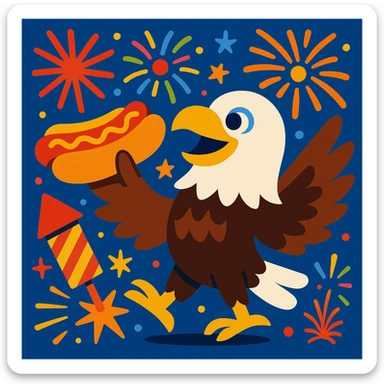 fun scene combining fireworks, hotdog, and eagle, vibrant and playful sticker