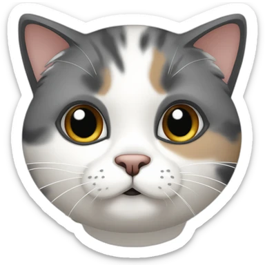 senior chubby diluted calico cat, white chin, black nose, grey ears, grey and white sticker