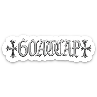 sticker featuring '60ATCAP' in Chrome Hearts style, ornate gothic font, chrome metallic look, intricate embellishments sticker