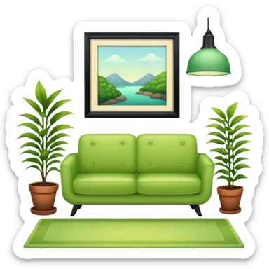 living room in ios emoji style

no TV, and make the couch a light green color

there is a lamp on one side and one plant on the other side. and no picture frame

there is a light colored rug sticker