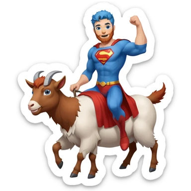 Full body Adult Superman Blue Eyes Scruffy Redish hair and redish trimmed Beard Muscle happy riding a happy blue haired goat sticker