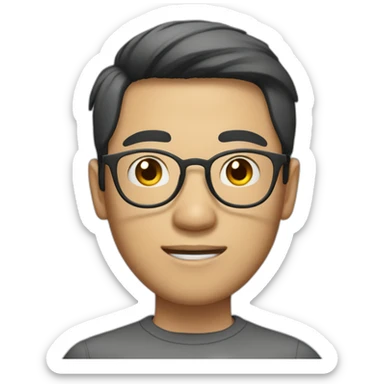 An Asian man with big eyes, fair complexion, metal frame glasses, short hair and a little stubble sticker