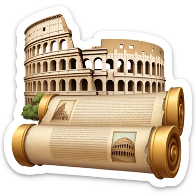 An icon featuring an ancient scroll, surrounded by famous historical landmarks and statues of notable figures, like the Colosseum or Napoleon. The design symbolizes the exploration of history through monuments and people. Transparent background highlights the pas sticker