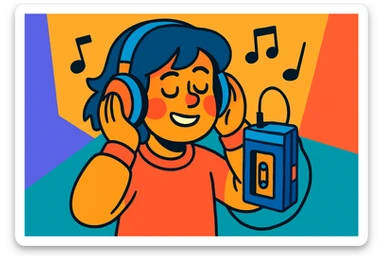Stranger Things inspired character listening to music with headphones connected to a cassette tape player, vibrant toon style, wide aspect ratio 16:9 sticker