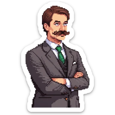 Finance guy with massive handlebar mustache, business attire, stock market chart sticker