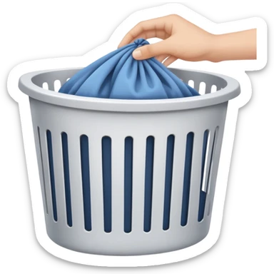 hands placing clothes in a laundry hamper, clean and clear sticker