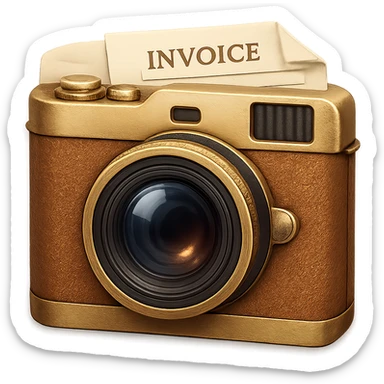 skeuomorphic app icon for an invoice app, vintage camera with tan leather, gold metal trim, and subtle paper elements, highly detailed sticker