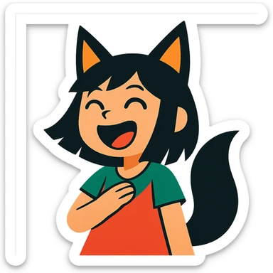A girl with black fox ears and a tail, green eyes, dark hair, laughing sticker