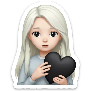 A girl with long white hair is sad and holds a black heart in her hands sticker