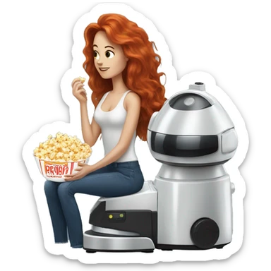 A long haired redhead lady eating popcorn sitting next to a robot vacuum  sticker