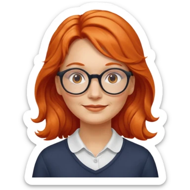 Norwegian woman, middle-aged, long wavy orange-red hair tied to the left, large round glasses, friendly look sticker