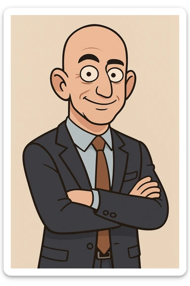 Jeff Bezos as a cartoon character, business attire, confident expression, bald head, fun and recognizable style sticker