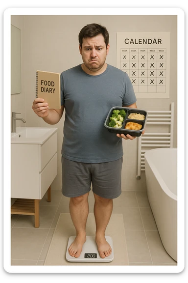 Uomo sulla trentina in piedi su una bilancia in bagno, con espressione delusa e confusa. In mano tiene un diario alimentare e un contenitore per i pasti già preparati, segno che sta seguendo una dieta. Dietro di lui un calendario con settimane segnate, ma senza cambiamenti. Il suo corpo appare identico a prima, senza progressi visibili. La bilancia digitale mostra lo stesso numero. Ambientazione pulita e moderna, toni neutri. Atmosfera di frustrazione e demotivazione, luce soffusa. sticker