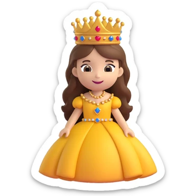 A cartoon-style princess emoji with long hair, wearing a golden crown, smiling softly, and dressed in a royal gown sticker