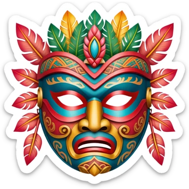 A traditional Hawaiian warrior mask with intricate carvings and bright colors. sticker