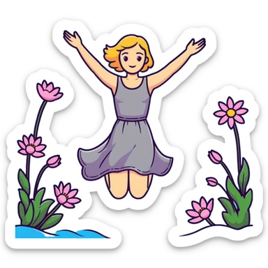 Ophelia floating in water surrounded by flowers, woman in dress with arms outstretched, based on the famous painting by John Everett Millais sticker