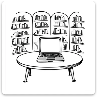 A cozy library with curved bookshelves and an open old-school laptop

 sticker