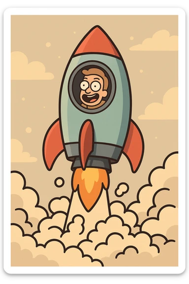 a rocket ship blasting off, vibrant colors, cartoon smoke, flat toon style sticker