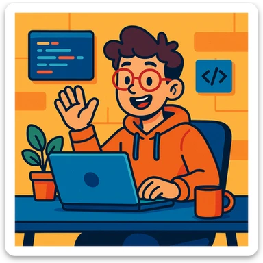 a cheerful young programmer at a laptop, waving and smiling, tech workspace, vibrant cartoon style sticker