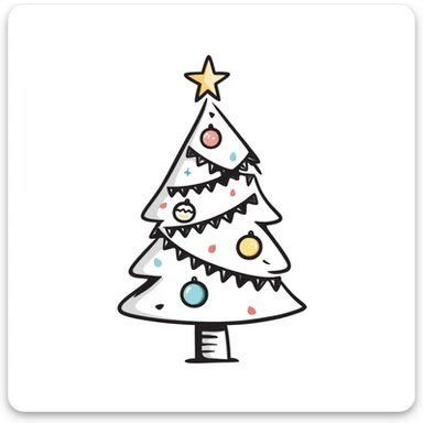 A Christmas tree with decorations in pastel colors (dd9fb0, ffc6d3, a3bfc9, c4bee2, f1b091), hand-drawn doodle style sticker