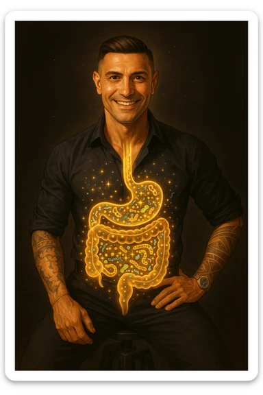 Radiant man with transparent digestive system showing diverse, thriving gut bacteria colonies in perfect balance, beneficial microorganisms glowing like constellation patterns throughout intestines, expression of optimal health and vitality, digestive tract functioning as harmonious ecosystem, immune system strengthened by microbial diversity, energy levels at peak performance sticker