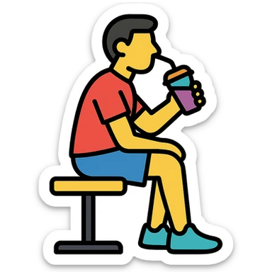 one man sitting on a gym bench sipping a smoothie, icon style, minimal and recognizable sticker