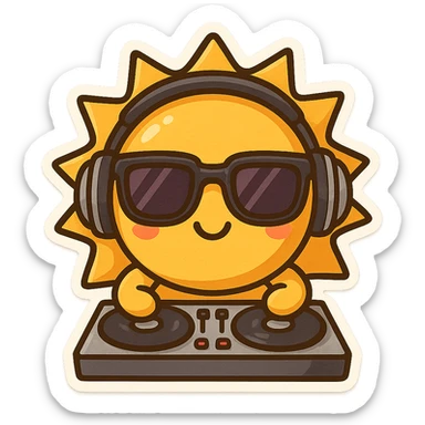 A smiling sun with headphones and DJ turntables, wearing stylish sunglasses, chibi stickers style, energetic and playful sticker
