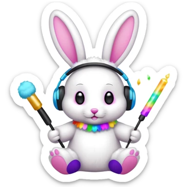 cute rave bunny wearing headphones, holding a glow wand, surrounded by confetti, festive mood sticker