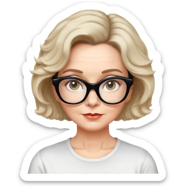 white woman about 50 years old with light warm skin, wide face, wavy black neck-length 80s short hair, low volume, neutral expression, large black shiny butterfly or cat-eye glasses, white casual t-shirt sticker