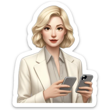 pale skin woman with ash blonde Straightened bob Hair, White Spacious classical jacket, beige palazzo Arrow pants and gray blouse holding white IPhone 14 pro in the hands sticker