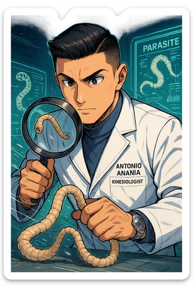 A dynamic manga/webtoon-style illustration of a young male kinesiologist wearing a clean white lab coat, analyzing light beige worms like a tapeworm under a magnifying glass. His expression is focused and slightly intrigued, with sharp, detailed eyes. The art style is vibrant, with bold linework, rich colors, and dramatic lighting. The background is a futuristic laboratory with glowing holographic screens displaying parasite data. The tapeworm is intricately drawn, slimy and segmented, with a slightly exaggerated yet realistic texture. The composition is dynamic, with motion lines or energy effects to emphasize his scientific investigation. The atmosphere is intense but not dark, keeping a balance between scientific seriousness and stylish manga aesthetics, he has "ANTONIO ANANIA" WRITTEN ON WHITE LAB COAT sticker
