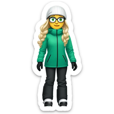 Green-eyed, fat female skier with long straight blonde hair, glasses, white ski helmet, gray snow jacket, green ski gloves, long black pants, black only snow boots standing tall. sticker