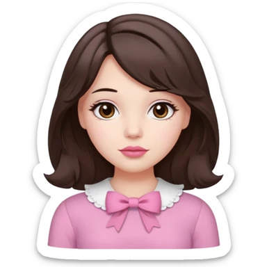 A cute slightly plump, fair-skinned girl with loose, slightly wavy, layered shoulder-length hair, dark brown eyes, and light pink lips. She wears coquette pink clothes, a small pink bow, and slightly rosy cheeks. sticker
